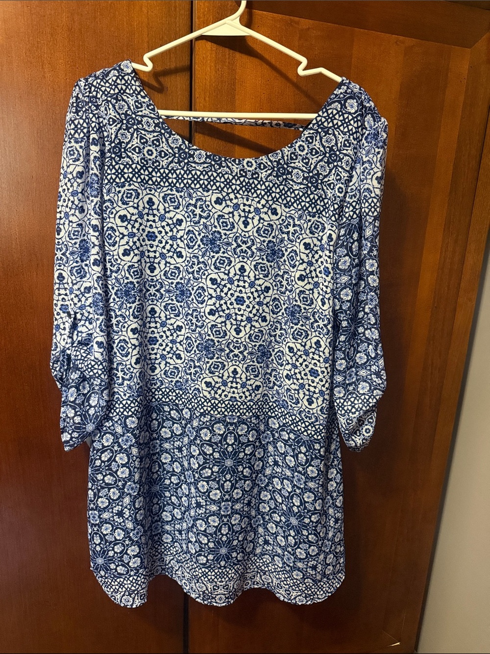 Blue and White 3/4 sleeve Printed Women's Dress
